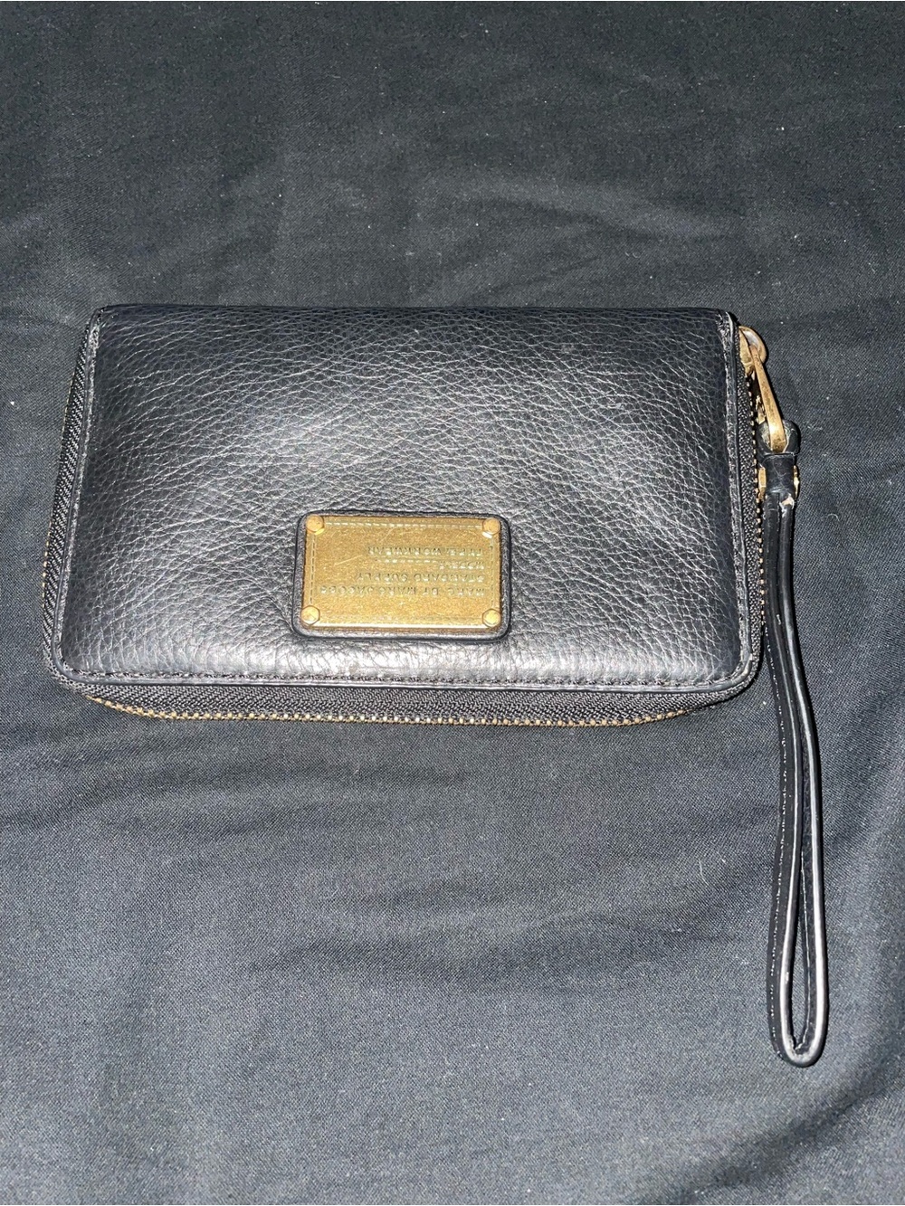 Marc Jacobs Black Leather Zip-Around Wallet Wristlet with Gold Plate